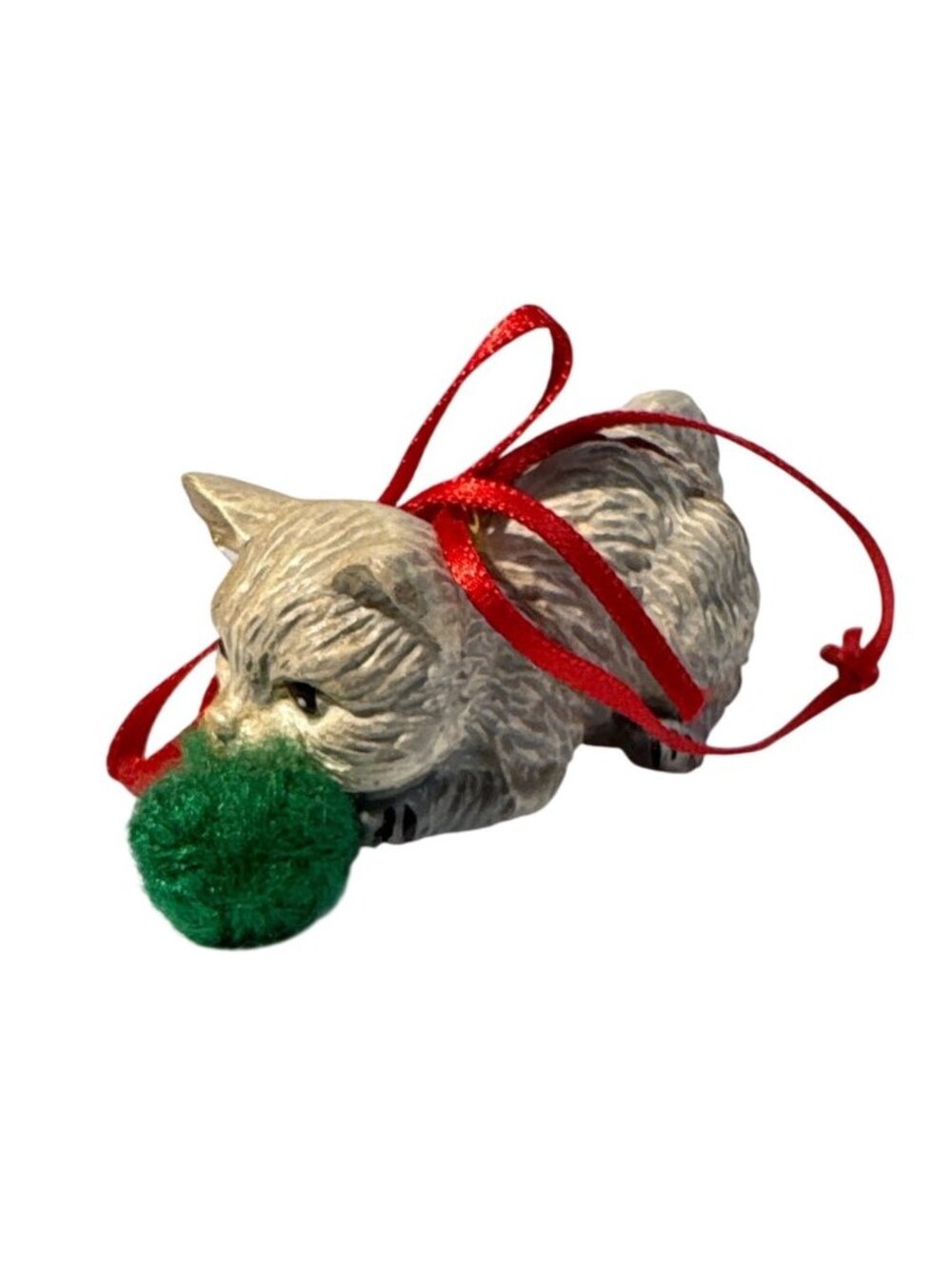 Cat Kitten Ornament Playing with Yarn Red Ribbon 3" Taiwan